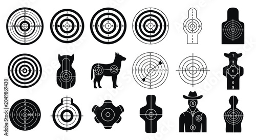 Large collection of various paper shooting targets featuring circles, silhouettes of people and animals, and specific point zones.