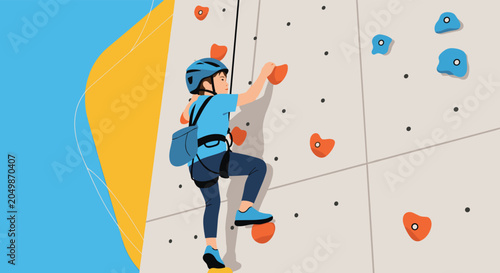 Brave young boy wearing safety helmet and harness practicing rock climbing on a colorful indoor bouldering wall.