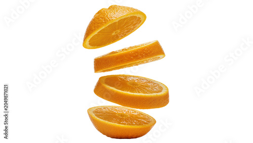 Four fresh orange slices suspended in mid-air, isolated on transparent background