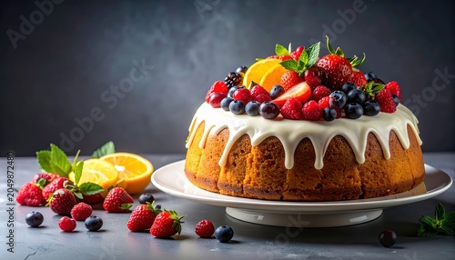 A Frosted Bundt Cake Drizzled with Cream Cheese Icing and Topped Generously with Fresh Mixed Berries and Citrus Slices