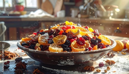 A Generous Bowl Overflowing with Mixed Dried Fruits, Nuts, and Spices, Perfect for Baking Traditional Fruitcake