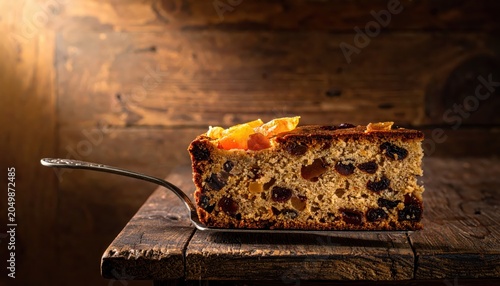 A freshly cut slice of traditional fruitcake, showcasing its dense, fruity interior on a rustic wooden surface.