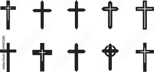 Photography Set of 10 black cross symbols with white accents on white background