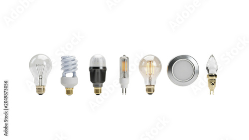 Assorted light bulbs with different shapes and styles in a row Vector