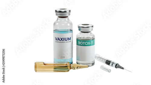 Vaccine vial and syringe on a wooden surface with medical packaging Vector