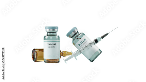 Medical syringe and pill bottle with medical equipment on white background Vector
