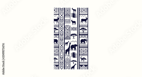 Photography Vertical African ethnic pattern with wild animals safari savannah silhouettes on