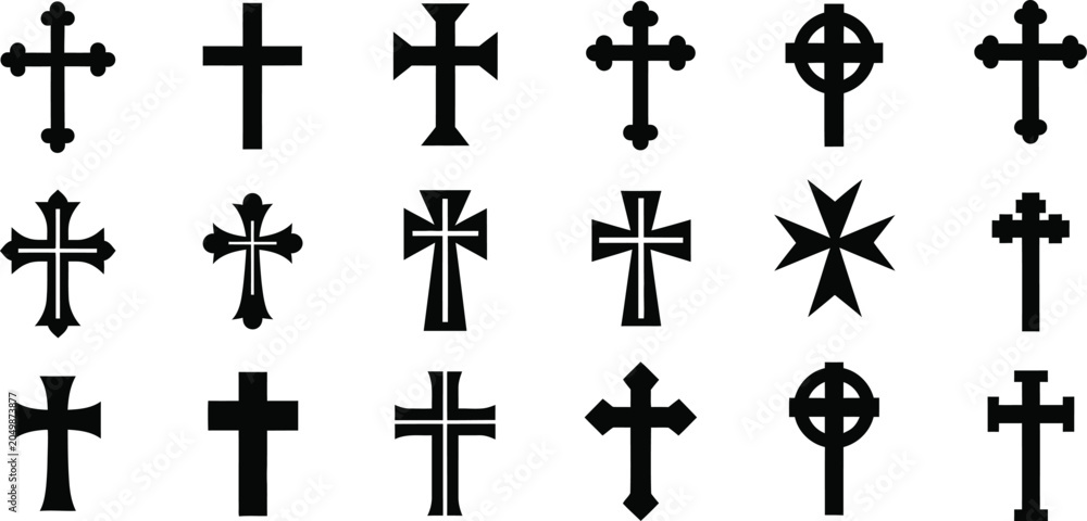 Fototapeta premium Various black crosses on white background, symbols religious