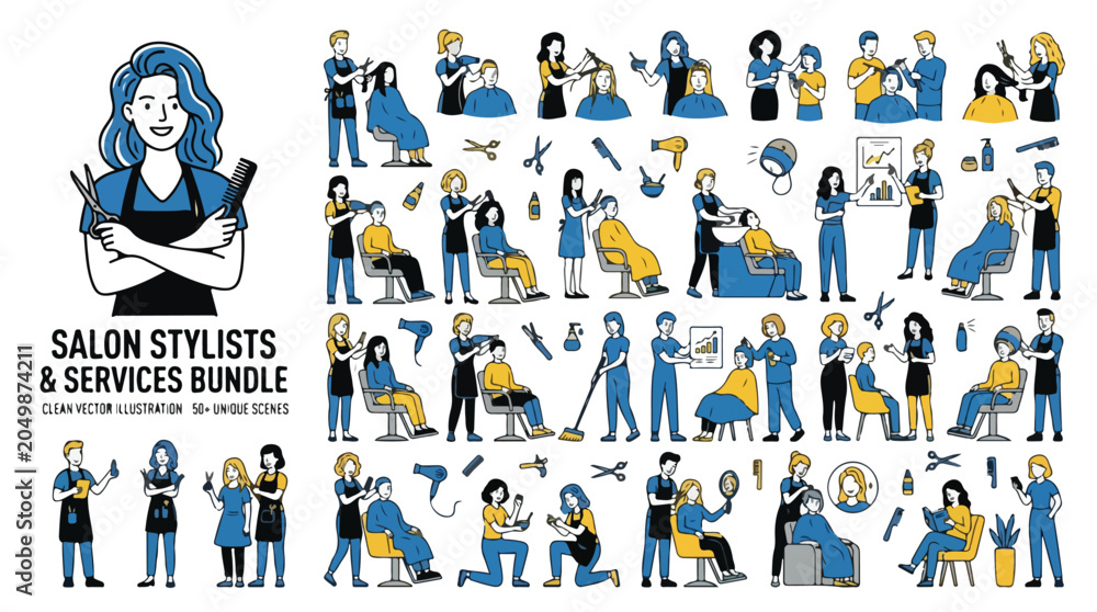 Fototapeta premium Salon stylists and services bundle, 30 unique scenes of professional hairdressers and barbers, blue and yellow flat vector illustrations