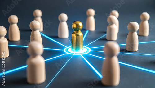 Golden figure at center of network, representing leadership, connection, and influence, with surrounding figures connected by blue light lines
