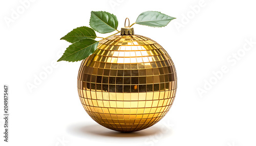 Golden disco ball ornament with green leaves, symbolizing celebration and new beginnings, isolated on a white background