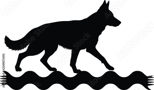 Tableau sur toile German Shepherd Dog Walking Above Water Waves Silhouette Illustration for Animal