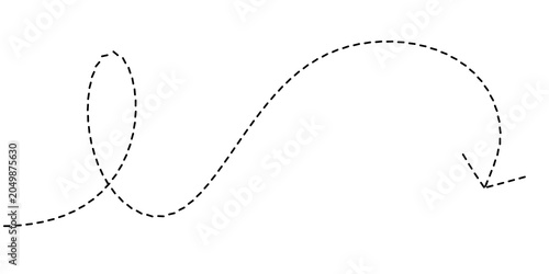 Abstract dashed line forming a playful, looping curve with an arrow at the end on a white background, representing movement and direction in a simple graphic design