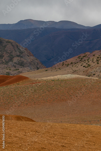 Fantastic mountain natural landscape with bright color transitions in place named Mars 3, Altai Republic, Russia. Unearthly Martian landscapes