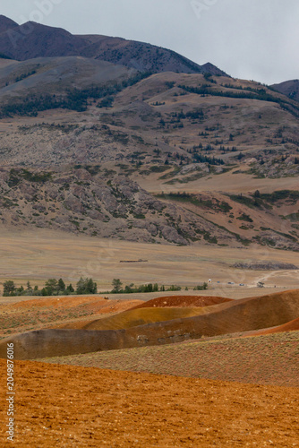 Fantastic mountain natural landscape with bright color transitions in place named Mars 3, Altai Republic, Russia. Unearthly Martian landscapes