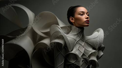 Architectural fashion portrait featuring a geometric aluminum garment that merges contemporary design and wearable sculpture.