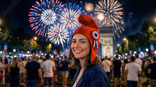 Femme portant un bonnet phrygien fêtant le 14 juillet à Paris avec feu d'artifice sur l'Arc de Triomphe