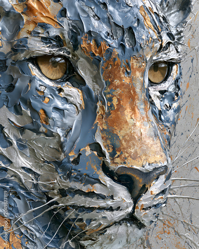 Close Up Leopard Face in Metallic Blue and Copper Impasto, Expressive Abstract Wildlife Portrait