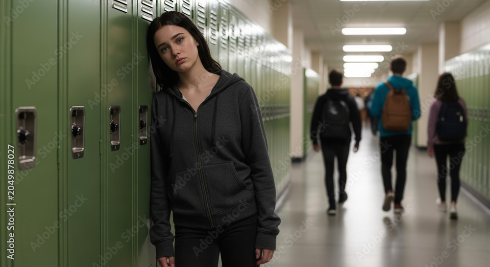 Fototapeta premium Caucasian teenage anxiety student leaning on school lockers in hallway, expressing social isolation and mental health issues.