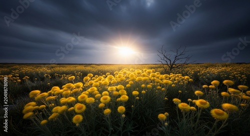 Vibrant Yellow Wildflowers Bathed in Golden Sunset Light Under a Dramatic Sky.