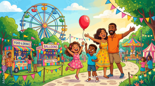 Canvastavla Happy family enjoying a sunny day at a vibrant summer carnival with rides and fo