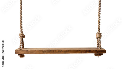 Canvastavla Rustic wooden plank swing with thick braided ropes, isolated on transparent back