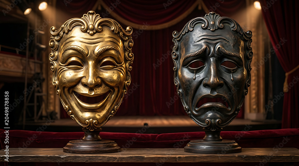 Fototapeta premium Theatre masks on stage with red curtains illustration