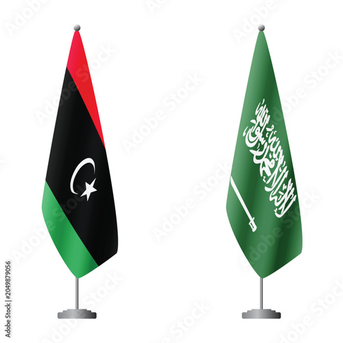 Tableau sur toile Libya and Saudi Arabia flags on flagpoles for official ceremonies and meetings,