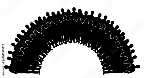 A dense black silhouette of a large crowd forms an arched shape, suggesting a gathering or event, presented against a stark white background