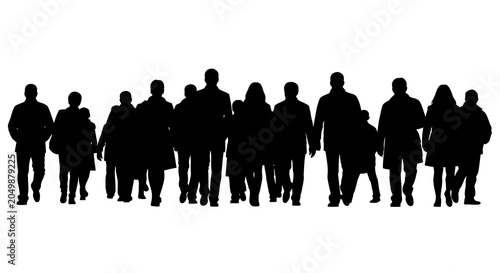 A diverse group of people in black silhouette walk forward together against a stark white background, representing a unified crowd or collective movement