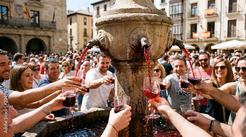 People catching red wine from a stone fountain at Logrono festival in Spain