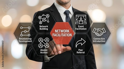 Business professional selects network facilitation on a digital interface screen to demonstrate strategic growth and management of professional corporate connections.