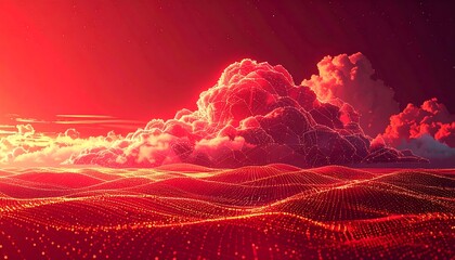 Crédence de cuisine Bordeaux Digital art featuring a vibrant red landscape with rolling, pixelated hills and a massive, illuminated cloud formation  © Wedus