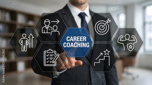 Professional businessman interacts with a digital interface featuring career coaching icons that symbolize strategic human resources development and personal growth.