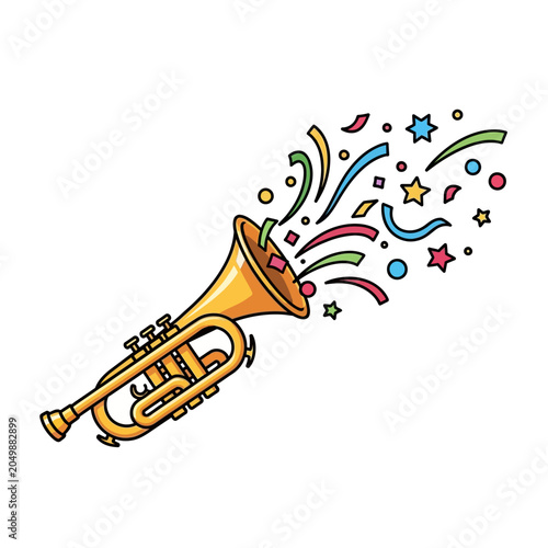 Golden trumpet blowing colorful confetti and stars for celebration