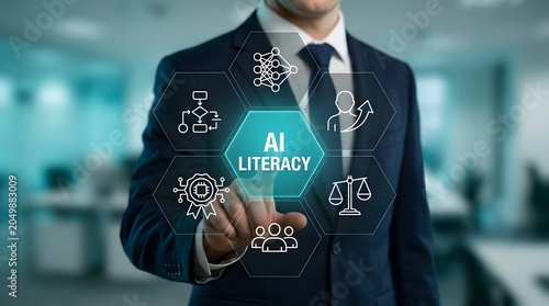 Businessman touches a virtual holographic interface displaying ai literacy icons to demonstrate modern corporate knowledge and advanced digital technology integration.
