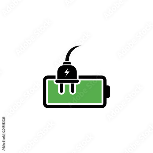 Green battery icon with black electric plug for charging