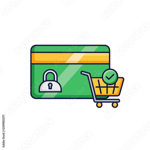 Green credit card with padlock and shopping cart checkmark