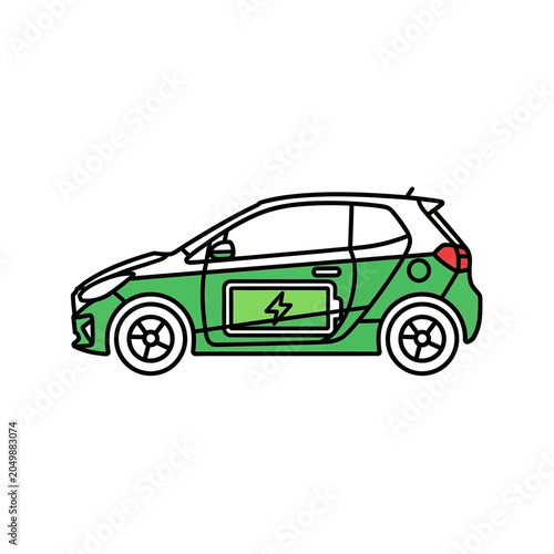 Green electric car illustration featuring a battery symbol