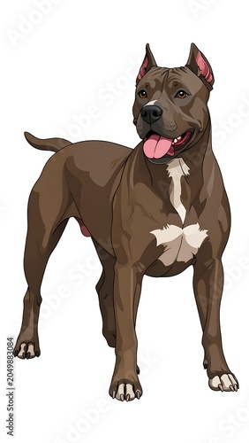 A brown dog with white markings stands on a plain background