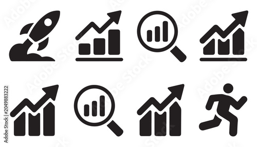 Data analysis and growth icons set with rocket launch business progress and magnifying glass.