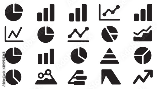 Diverse chart icons including bar graphs, pie charts, line graphs, and pyramid charts.