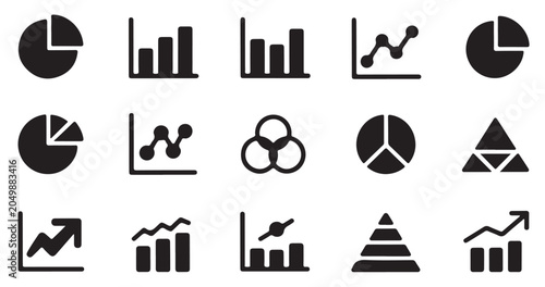 Business data visualization icons set featuring pie charts bar graphs and pyramid diagrams.