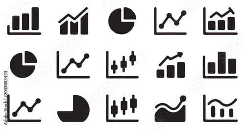 Stock market trading analysis icons including line graphs candlesticks and circular charts.