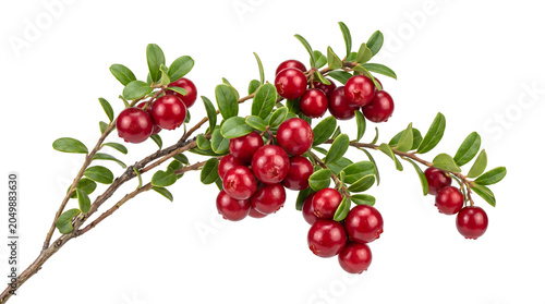 Fresh wild cowberry branch with ripe red lingonberries and green leaves isolated on white background