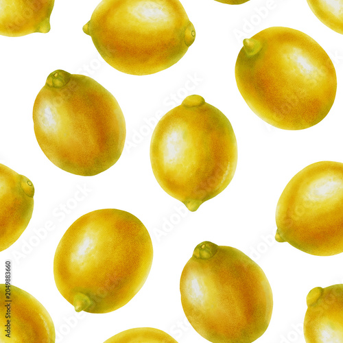 Fotografie Watercolor seamless pattern featuring ripe yellow lemons scattered