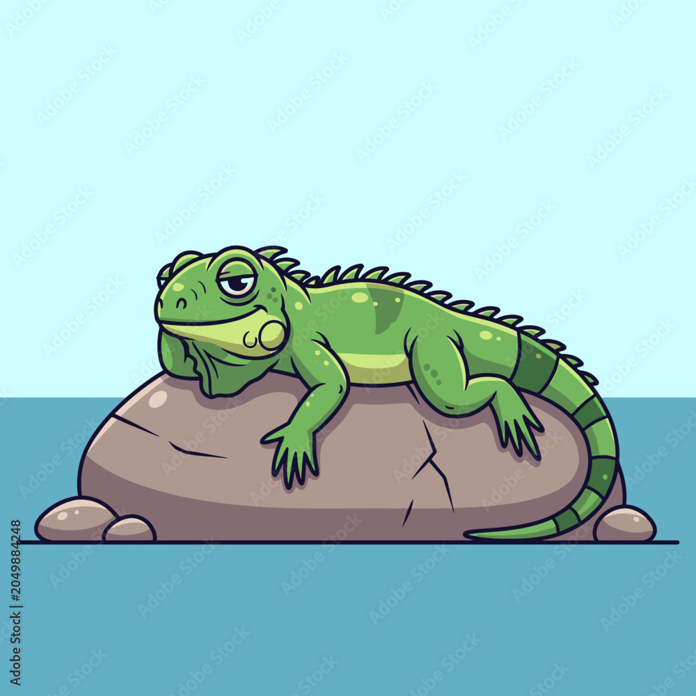Fototapeta premium Cute Cartoon Iguana Resting on Rock, Relaxed Green Reptile Illustration