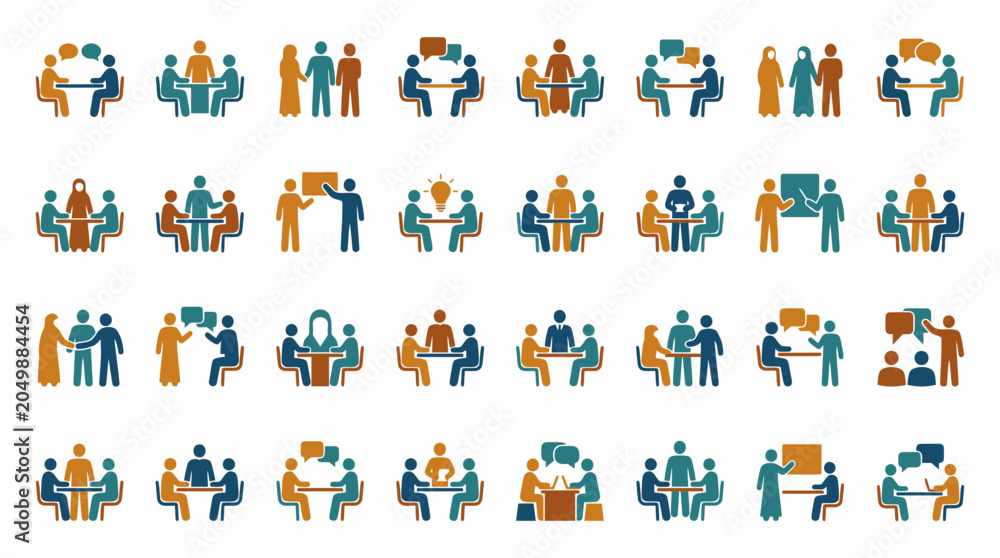 Fototapeta premium Business meeting and teamwork flat vector icons for corporate presentations.