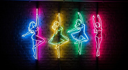 Vibrant neon signs of dancing female silhouettes on a brick wall
