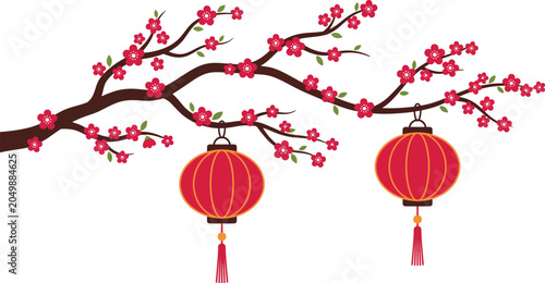 Chinese New Year red lanterns hanging on blooming cherry blossom branch vector illustration